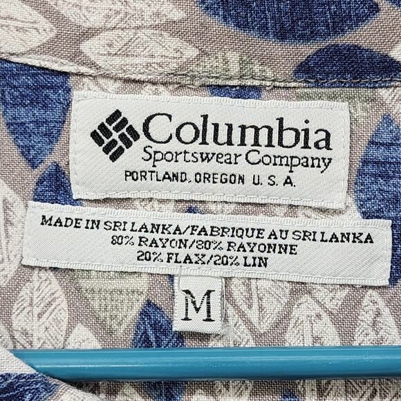 Vintage Columbia Shirt Mens M Blue Gray Flax Blend Leave Print Short Sleeves - Picture 6 of 10
